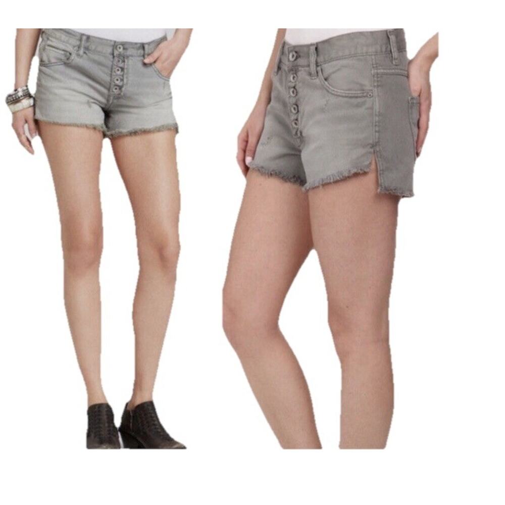 Free People Button Fly Front Frayed Hem Carpenter Cut Off Denim Shorts w28 Gray